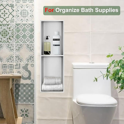 Shower Niche,8 * 24 Stainless Steel Elegant Bathroom Niche, No Tile Needed Recessed Shower Shelf Organizer for Storage,Silver