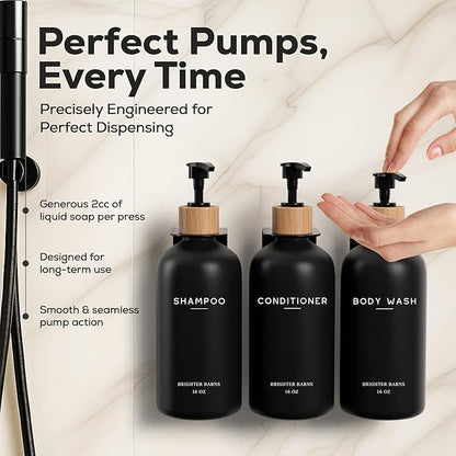 Black Shampoo and Conditioner Dispenser Set Wall Mounted by Brighter Barns - Shampoo Dispenser for Shower Wall 3 Chamber No Drill - Shower Bottles Refillable with Labels for Bathroom, Airbnb (Black)