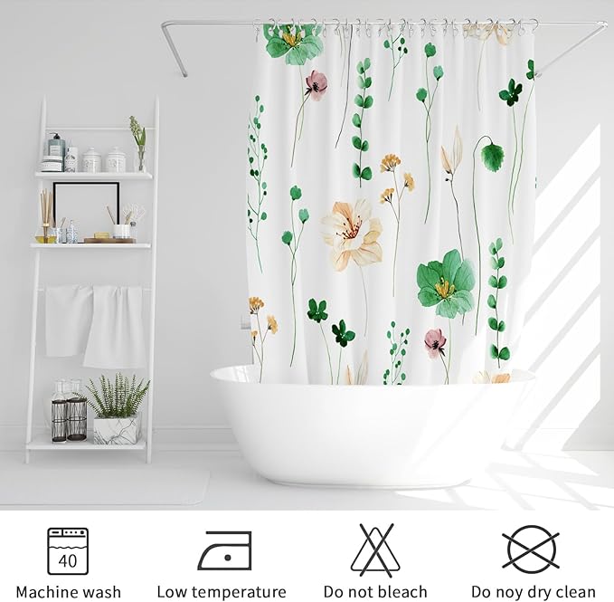 Gibelle Watercolor Floral Shower Curtain, Emerald Green Beige Flower Shower Curtain for Bathroom, Modern Minimalist Waterproof Fabric Shower Curtain Set 72x72 Inch