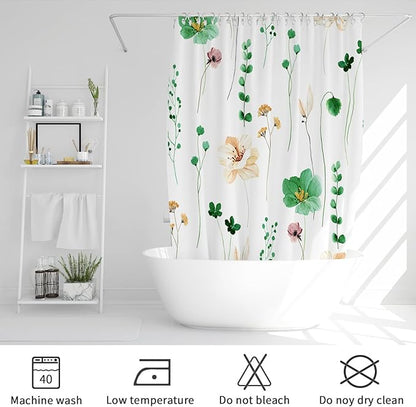 Gibelle Watercolor Floral Shower Curtain, Emerald Green Beige Flower Shower Curtain for Bathroom, Modern Minimalist Waterproof Fabric Shower Curtain Set 72x72 Inch