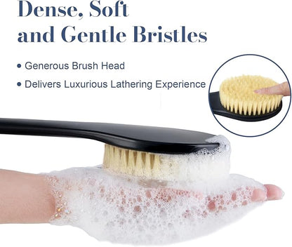 Back Scrubber for Shower, Shower Body Brush for Cleaning with Long Handle for Showering, 17 Inch Back Washer Exfoliator for Shower Men Women with Non-Slip Handle, Adhesive Hook (Black-Boar Bristles)