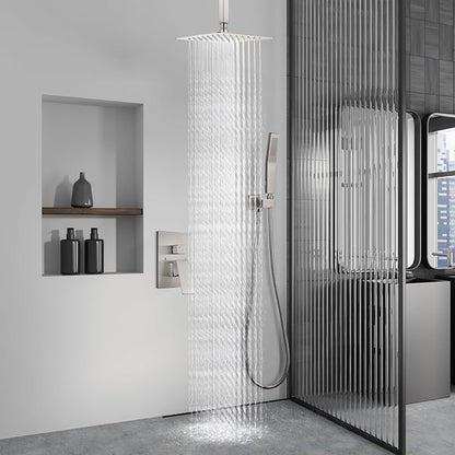Aolemi Ceiling Mount Shower System Rain Shower Head with Handheld Spray High Pressure Shower Faucet Set Rough-in Valve Shower Trim Kit Included Bathroom Brushed Nickel 8 Inch Ceiling Shower Head