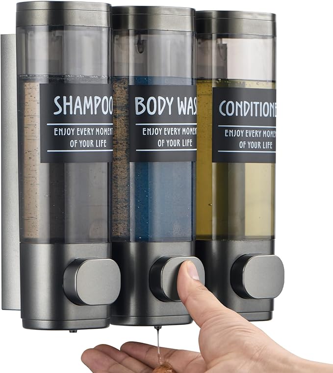 Shampoo and Conditioner Dispenser,GlintGath Shower Dispenser 3 Chamber No Drill Shampoo Dispenser for Shower Wall Mounted Shower Soap Dispenser for Bathroom Hotel,3 * 300ML,Gun Gray