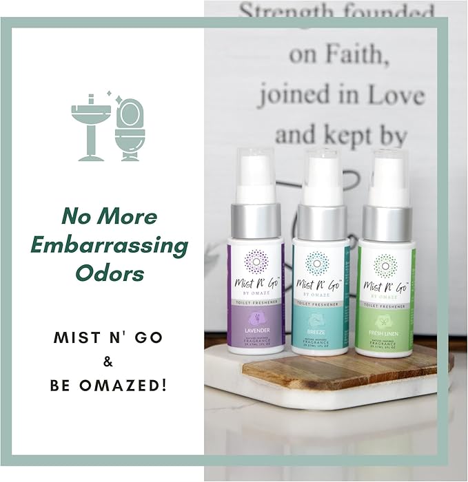 Mist N’ Go by Omaze Travel Bathroom Spray for Toilet Spray Odor Eliminator - Travel Toilet Spray for Bathroom Air Freshener Spray for Bathroom Deodorizer - Lavender Travel Size (1oz x3)