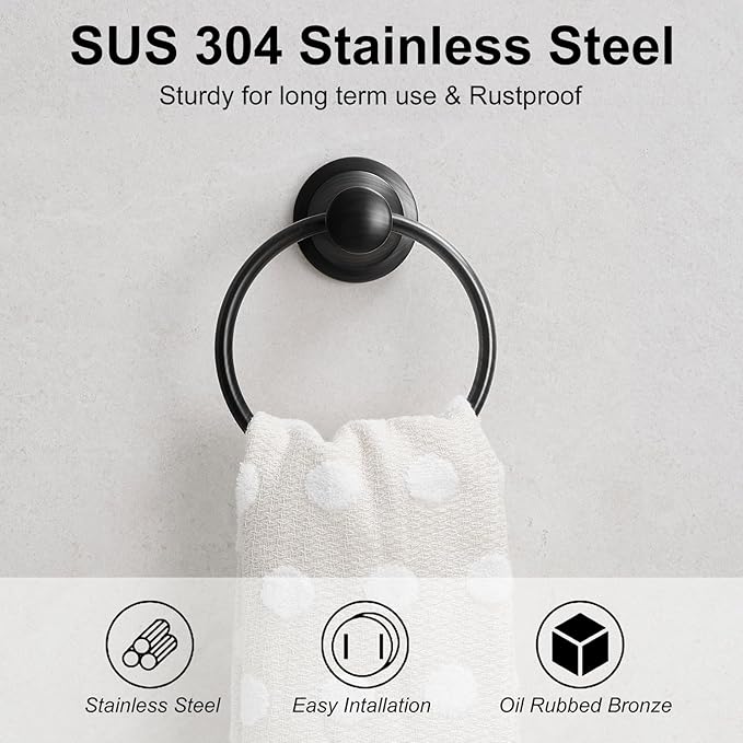 BESy Oil Rubbed Bronze Bathroom Hand Towel Ring Towel Holder, Rustproof Wall Mounted Bathroom Hardware Accessory SUS 304 Stainless Steel Towel Rack