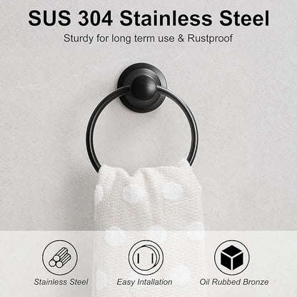 BESy Oil Rubbed Bronze Bathroom Hand Towel Ring Towel Holder, Rustproof Wall Mounted Bathroom Hardware Accessory SUS 304 Stainless Steel Towel Rack