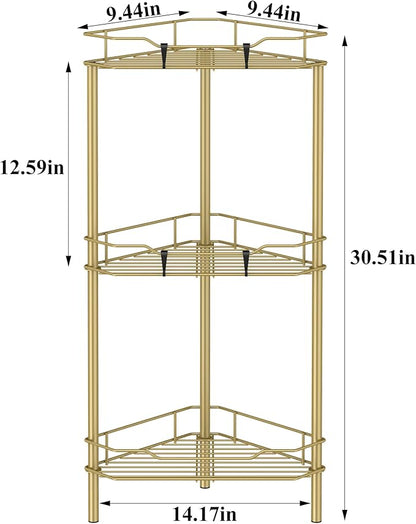 3 Tier Floor Standing Corner Shower Caddy Organizer Shelf with Hooks, Bathroom Shelves Stand Rack, Gold