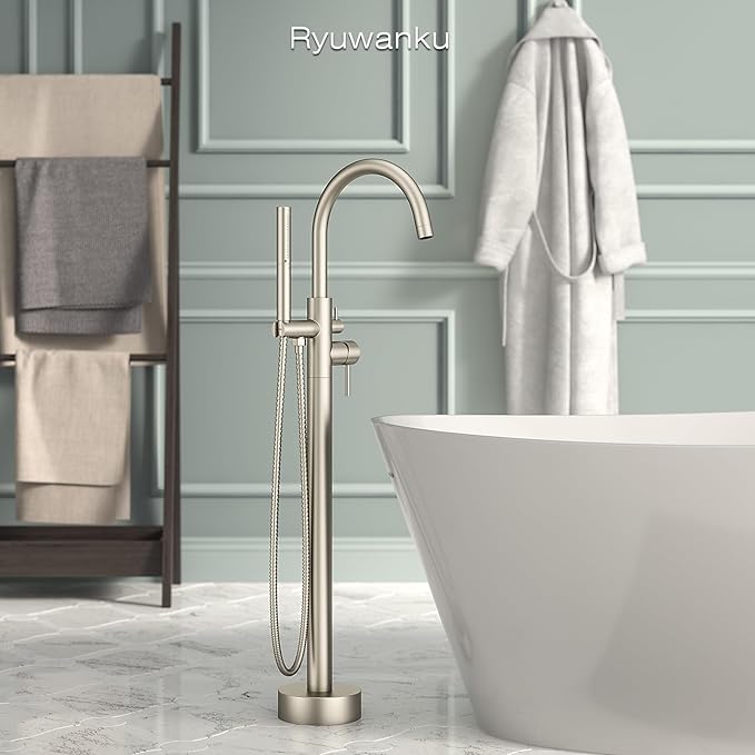 Freestanding Bathtub Faucet Brushed Nickel Tub Filler Floor Mount Free Standing Metal Bathroom Tub Gooseneck Spout with 2 Function Hand Shower