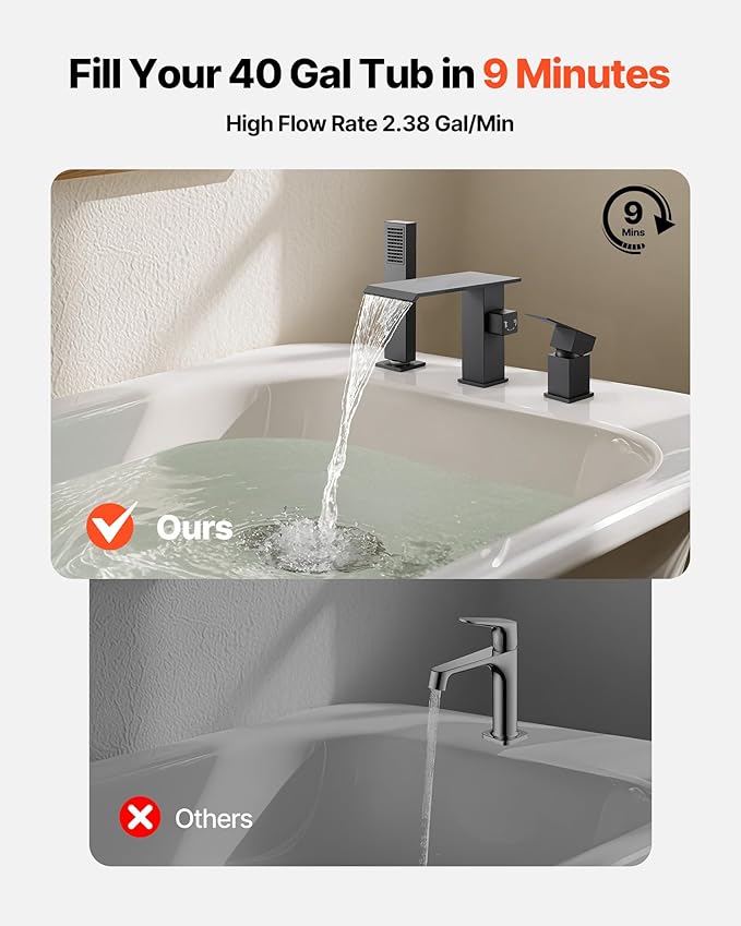 VEVOR Roman Tub Faucet, 3 Hole Waterfall Bathtub Faucet, Roman Bathtub Faucets Set with Shower Head & 1 Handle, Deck Mount Bath Tub Faucets Set for Pet Washing, Baby Care, Adult Bathing, Matte Black