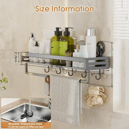Shower Caddy Suction Cup, 11.8 inch Suction Shower Shelf with Hooks NO-Drilling Bathroom Holder, Rustproof Bathroom Organizer, Dark Grey