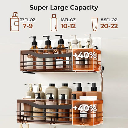 Orimade Adhesive Shower Caddy Shelf with 5 Hooks Organizer Storage Rack Rustproof Wall Mounted Stainless Steel No Drilling for Bathroom, Toilet, Kitchen - 2 Pack,Black