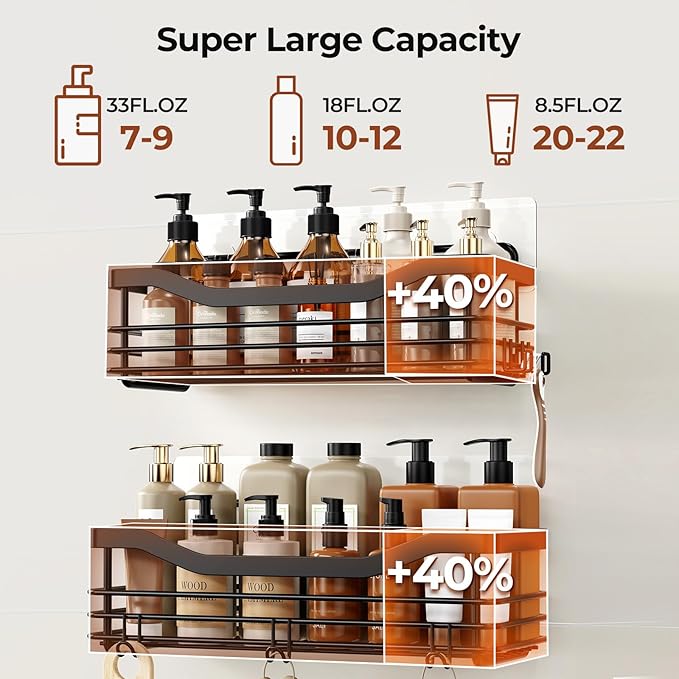 Orimade Shower Caddy Basket Soap Dish Holder Shelf with 5 Hooks Bathroom Organizer Shelf Kitchen Storage Rack Wall Mounted Adhesive No Drilling SUS304 Stainless Steel - 3 Pack,Black
