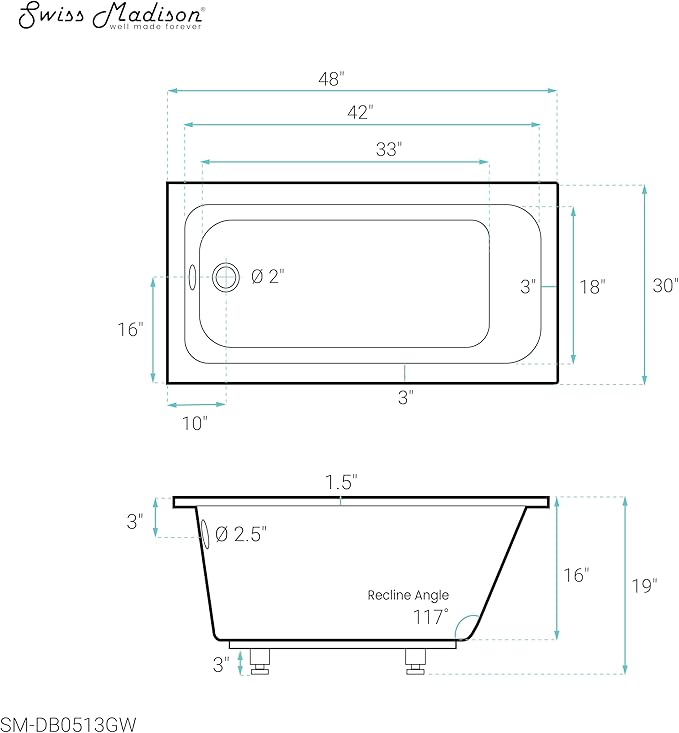 Swiss Madison Voltaire 48" x 30" Reversible Drain Drop-In Bathtub