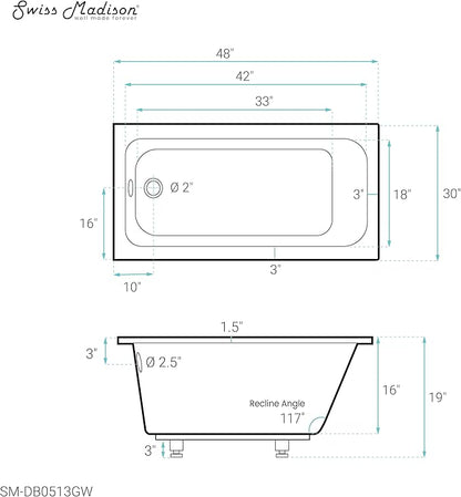 Swiss Madison Voltaire 48" x 30" Reversible Drain Drop-In Bathtub