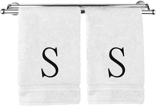 Monogrammed Hand Towel, Personalized Initial Gift, Extra Absorbent 100% Turkish Cotton - Soft Terry Finish - Set of 2 - Black Block Initial S - Embroidered on White Towels