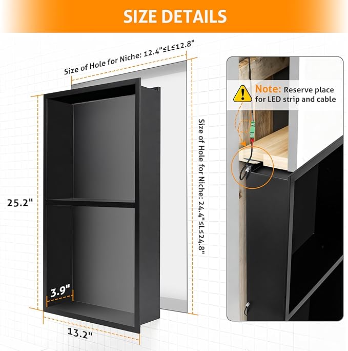 WICHEMI Stainless Steel Shower Niche 12" X 24", No Tile Needed Wall Niche with RGB Light, Recessed Shower Shelf for Bathroom Storage Over Mount Installation, Matte Black