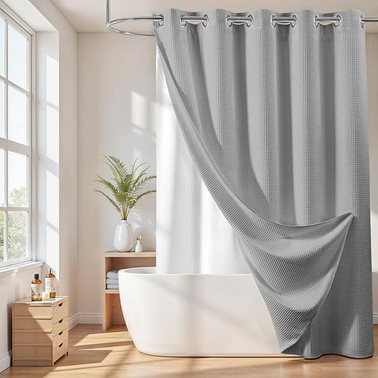 River Dream Extra Long No Hook Shower Curtain with Snap in Liner, Cotton Blend Shower Curtains for Bathroom, Hotel Grade, Water Repellent, Grey, 71" Wx86 L