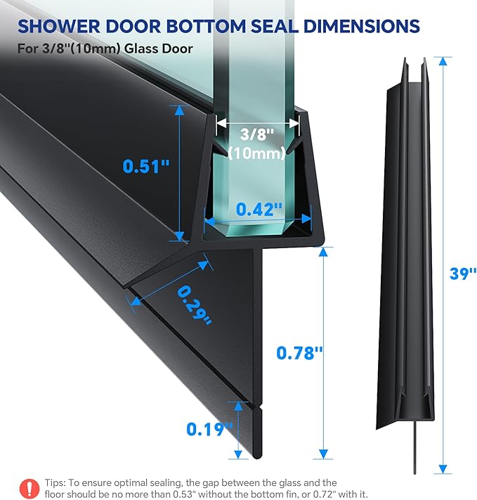 2-Pack Frameless Shower Door Bottom Seal (3/8" X 39") Clear Glass Seal Strip Shower Door Sweep - Stop Shower Leaks, Black