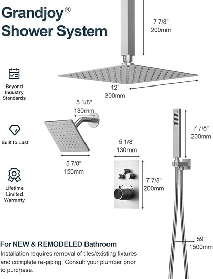 Thermostatic Shower System, Dual Rainfall Shower Heads for Ceilling & Wall Mounted with Handheld Sprayer, Brushed Nickel