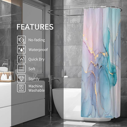 Gibelle Long Fabric Shower Curtain 72 x 78, Tall Abstract Marble Shower Curtain, Pink Turquoise Modern Ink Art Waterproof Fabric Shower Curtain Set with Hooks