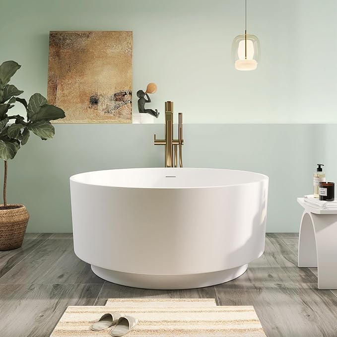 49" Premium Solid Surface Freestanding Bathtub, Upgraded Round Soaking Deep Stone Resin Tub with Overflow and Pop-up Drain, Matte White