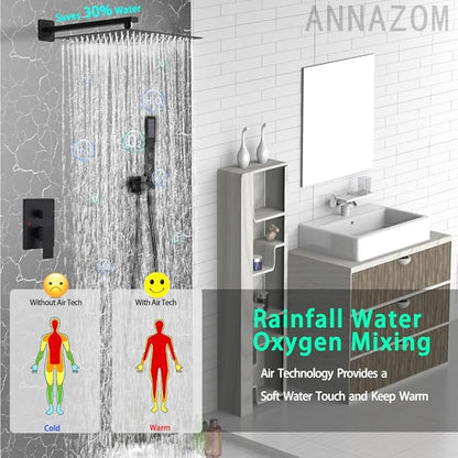 Rainfall Shower System Matte Black Shower Faucet Set with High Pressure 12inch Shower Head Hand Held Square Shower Head Bathroom Luxury Rain Mixer Shower Complete Combo Set Wall Mounted