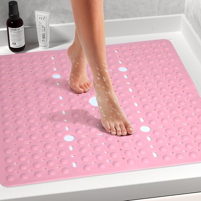 Large Pink Square Shower Mat Non Slip 27 x 27 Inch, Soft Bath Mat Bathtub Mat for Inside Shower Floor, Anti Slip Shower Stall Mats with Big Suction Cups Drain Hole, Easy Washable, BPA-Free