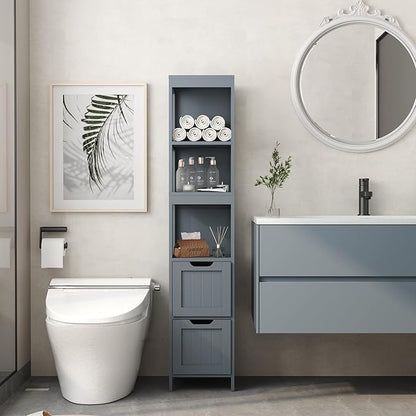 HOMEFORT Bathroom Storage Cabinet, Slim Tall Cabinet, Narrow Floor Cabinet Organizer, Wooden Linen Tower with 2 Drawers and 3 Shelves, Freestanding Storage Cupboard Grey