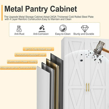 71" H Metal Kitchen Pantry Storage Cabinet, Freestanding Cupboard with 2 Doors and 4 Adjustable Shelves, Standing Storage for Kitchen, Bathroom, Garage, Dinning Room or Utility Room（White）