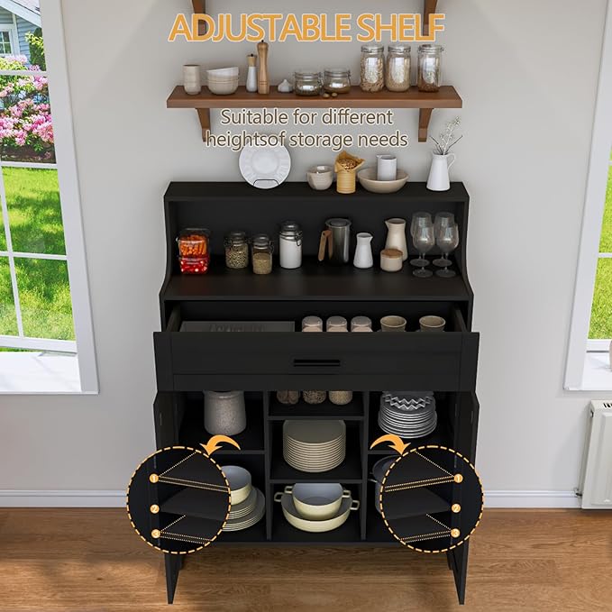 Storage Cabinet with Doors and Drawers, Kitchen Storage Cabinet with 1 Large Drawer,2 Doors,and 2 Adjustable Shelves,for Bathroom/Kitchen/Living Room/Entrance Hall (Black)