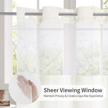 MitoVilla No Hooks Required Farmhouse Shower Curtain with Snap-in Liner - with Window & Magnets, Boho Cotton Linen Fabric Shower Curtains with Tassels for Rustic Bathroom Decor, Ivory, 72 x 74