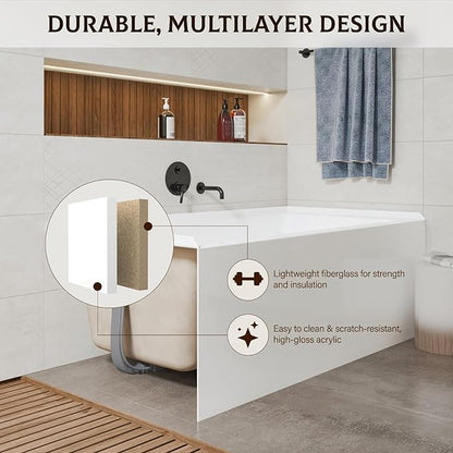 60 Inch Alcove Soaking Bathtub, Rectangular Acrylic Tub with Integral Apron, Left Drain, Glossy White Finish, Brushed Nickel Pop-Up Drain, Contemporary Recessed Bathtub for Bathroom Upgrade