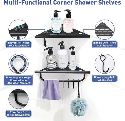 Corner Shower Shelf, 10'' Shower Corner Shelf with Towel Bar & Hooks, 304 Stainless Steel Recessed Bathroom Shelves, No Drilling for Tiled Wall, 2-Pack (Matte Black)