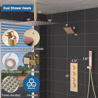 Enga Thermostatic Dual Head Shower System, Shower Faucet Set with 16"+6" Rain Shower Heads & Handheld, All Functions Use Simultaneously, Adjustable Volume, Brushed Gold