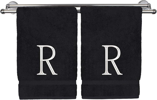 Monogrammed Hand Towel, Personalized Initial Gift, Extra Absorbent 100% Turkish Cotton - Soft Terry Finish - Set of 2 - White Block Initial R - Embroidered on Black Towels