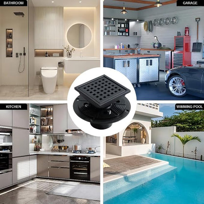 6 Inch Square Shower Floor Drain, Stainless Steel Flange with Removable Grid Cover Hair Strainer, Black