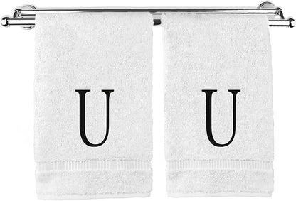 Monogrammed Hand Towel, Personalized Initial Gift, Extra Absorbent 100% Turkish Cotton - Soft Terry Finish - Set of 2 - Black Block Initial U - Embroidered on White Towels