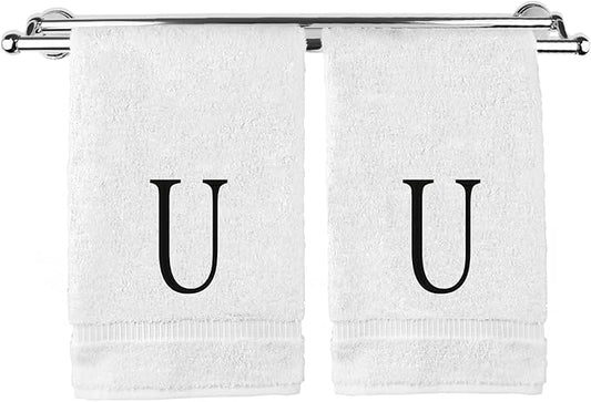 Monogrammed Hand Towel, Personalized Initial Gift, Extra Absorbent 100% Turkish Cotton - Soft Terry Finish - Set of 2 - Black Block Initial U - Embroidered on White Towels