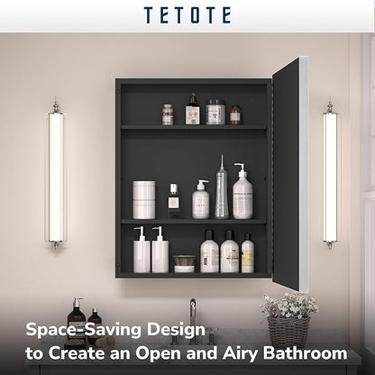 TETOTE Medicine Cabinet with Mirror 17 x 25 Inch Brushed Silver for Bathroom Aluminum Framed Surface or Recessed Wall-Mounted Medicine Cabinets Beveled Mirror with Storage 1 Door Modern Farmhouse