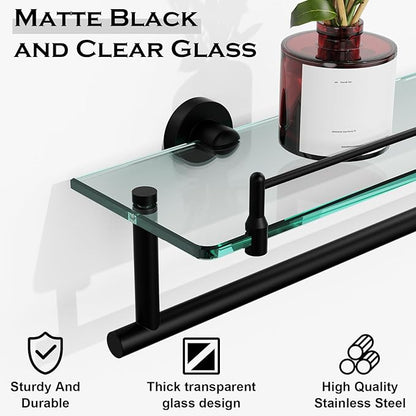 Towel Rack with Tempered Glass Shelf for Bathroom 24 Inch, Matte Black Towel Holder Wall Mount Storage Rustproof SUS304 Stainless Steel Towel Hanger
