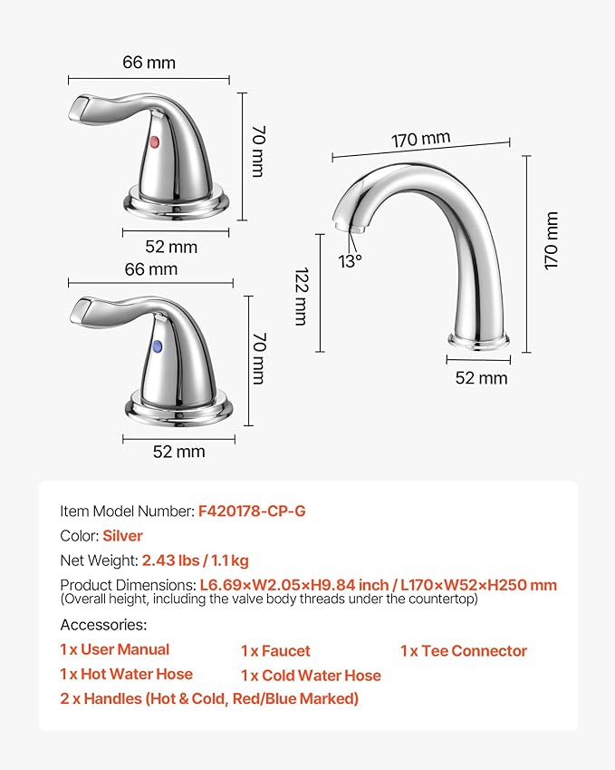 VEVOR Roman Tub Faucet, 3 Hole Waterfall Bathtub Faucet, Bath Tubs Faucets Set with 2 Handles, Deck Mount Bath Tub Faucets Set for Pet Washing, Adult Bathing, Chrome, High Arc Spout