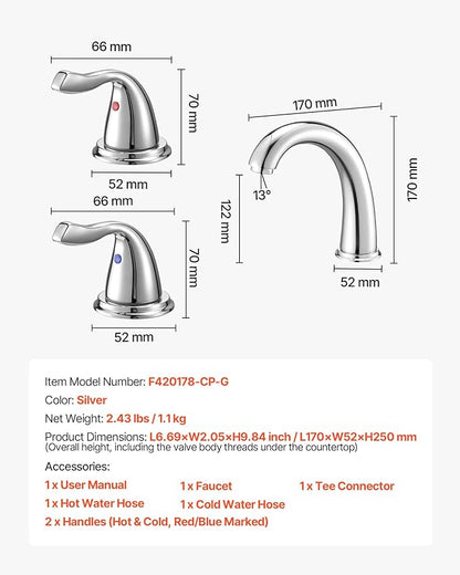 VEVOR Roman Tub Faucet, 3 Hole Waterfall Bathtub Faucet, Bath Tubs Faucets Set with 2 Handles, Deck Mount Bath Tub Faucets Set for Pet Washing, Adult Bathing, Chrome, High Arc Spout