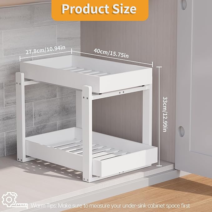 Bamboo Wood Under Sink Organizer 2 Pack, Pull Out Cabinet Organizer 2 Tier Under Sink Organizers and Storage with Sliding Drawer Sturdy Easy Assembly for Kitchen Bathroom Undersink, White