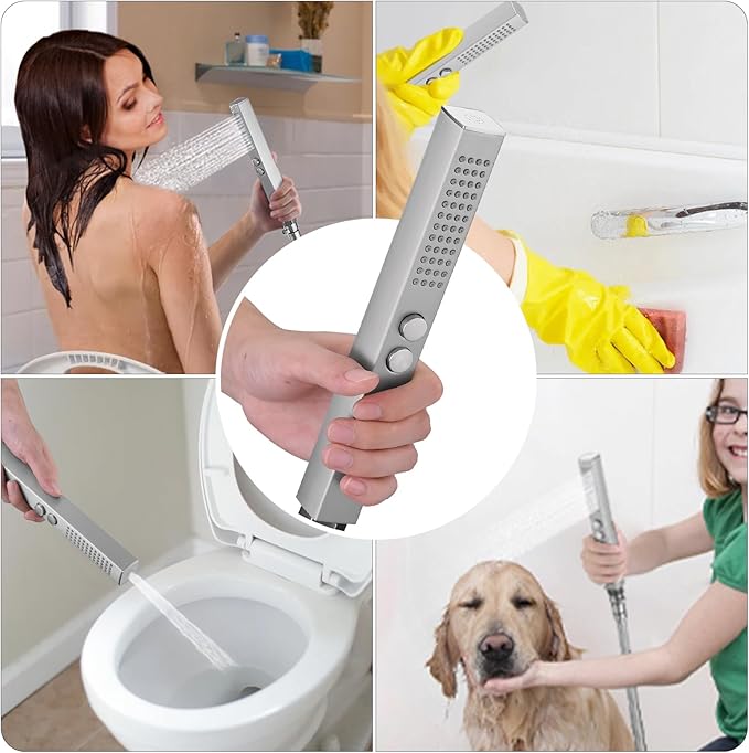 All-Metal High Pressure Square Handheld Shower Head with Jet Spray and Rainfall Modes, Volume Control Regulator, ON/OFF Switch, Hose and Wall Mounted Adjustable Bracket,Brushed Nickel Color