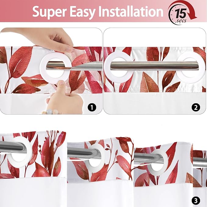 No Hook Shower Curtain and Liner Set, Red Eucalyptus Floral Shower Curtains for Bathroom, Bath Curtain Sets with Snap in Liner, Waterproof with See Through Top Window, 71x84 Inches