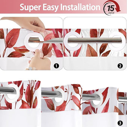 No Hook Shower Curtain and Liner Set, Red Eucalyptus Floral Shower Curtains for Bathroom, Bath Curtain Sets with Snap in Liner, Waterproof with See Through Top Window, 71x84 Inches