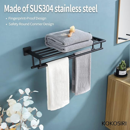 KOKOSIRI Bath Towel Rack with Double Towel Bars Bathroom Towel Shelf 20 Inch Towel Holder Wall Mounted Stainless Steel, Matte Black, B6005BK-L20