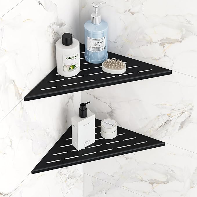 Corner Shower Shelves, 12” Recessed Tile Shower Shelf, 304 Stainless Steel Grout in Corner Tile Shower Shelves, No Drilling, Matte Black, 2 Pack