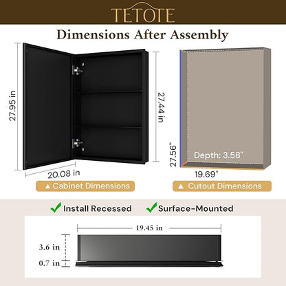 TETOTE 20 x 28 Bathroom Mirror with Storage with Tempered Beveled Mirror Black Medicine Cabinet Aluminum Cabinet DTC Hinges, Stepless Adjustable Shelves, Recessed/Surface-Mounted