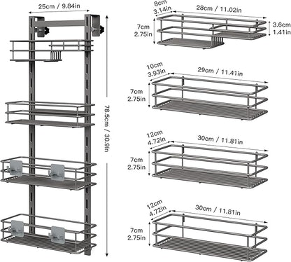 Orimade Over The Door Shower Caddy Adjustable 4 Tier Dark Grey,Bathroom Hanging Organizer Shelf Rustproof with 4 Hooks,Shower Basket with Soap Holder and Suction Cup